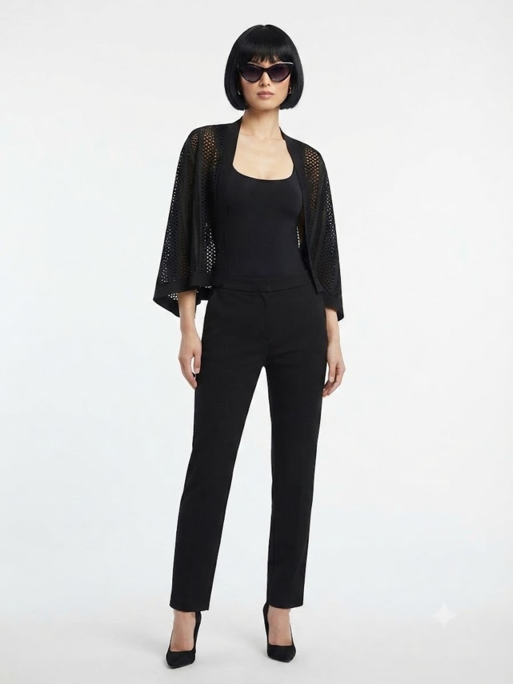 Ashley Stewart Black Geometric Mesh & Stripe Bolero Cardigan
